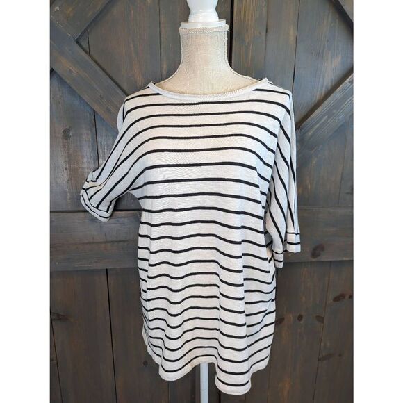 Chico's Blouse Women's Large Size 2 Black and White Cotton Blend Roll Sleeve - Picture 1 of 11